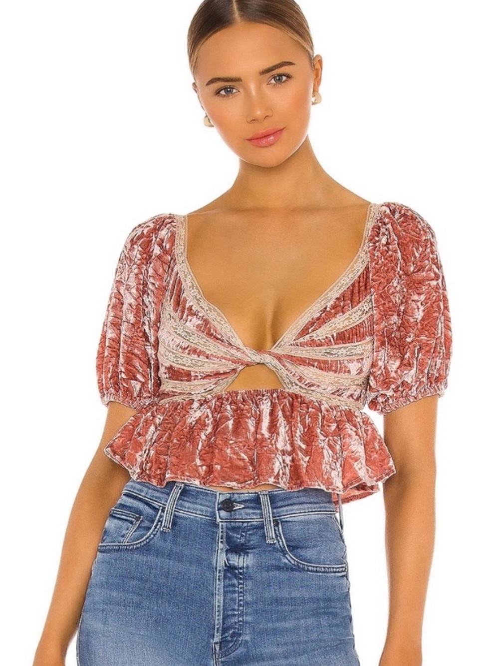 Free People Yours Truly Pink Velvet Lace-Trim Puff Sleeve Keyhole cut Peplum Top